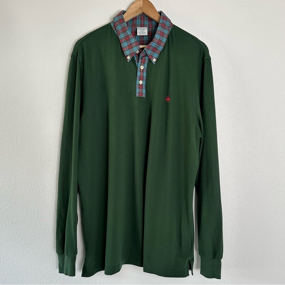 Brooks Brothers Green Polo with Plaid Collar - Picture 2 of 5